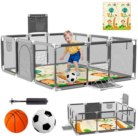 Parque Infantil Bebe + Alfombra de Juego + Pelota de Futbol y Baloncesto - Corralito de Bebé Plegable 180 x 120 x 60cm - Parque de Juegos Bebé Con Malla Transpirable - Centro de Actividades Gris