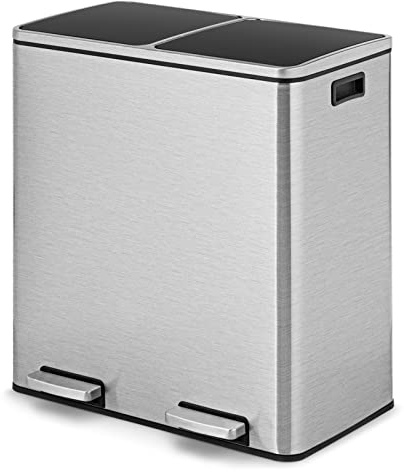 COSTWAY 60L Pattumiera per Differenziata 2 Scomparti con Pedale in Acciaio | Secchio Spazzatura per Bagno Cucina Ufficio Casa, 60 x 33 x 66 cm