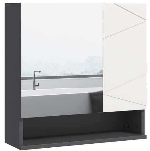 kleankin Armadietto Bagno con Specchio e 2 Ante, 55x17x55cm, Grigio | Specchio Bagno Contenitore, Mensole Regolabili in Legno