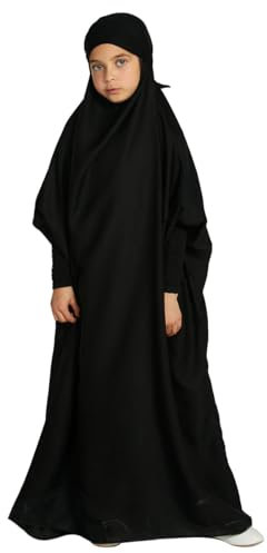 Gebetskleidung F?r Kinder, Einteiliges Muslimisches Kleid f?r M?dchen, Langarm Islamisches Gebetskleid mit Hijab Langes Abaya Muslim Kaftan Ramadan Dubai Arabisch T?rkische Robe Schwarz 12-13 Jahre