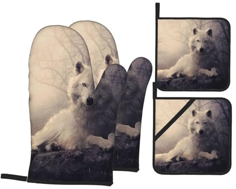 Ensembles de Gants de Four et de Porte-casseroles, Gant de Cuisine et manique 4 pièces pour la Cuisson du Barbecue, Loup Blanc