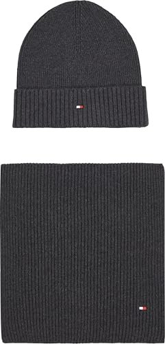 Tommy Hilfiger Herren Geschenk-Set Flag Pima Cotton Strickmütze & Schal, Mehrfarbig (Charcoal Gray), Einheitsgröße