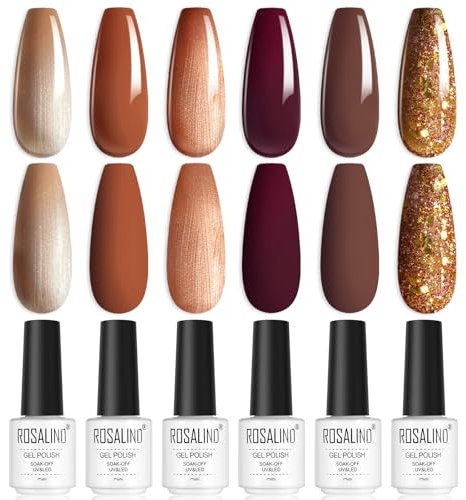Smalto Semipermanente ROSALIND, 6 Colori Glitter Marrone Rosso Albicocca, Smalti Semipermanenti per Unghie Soak-Off, Smalto Gel Unghie UV per Principianti Nail Art