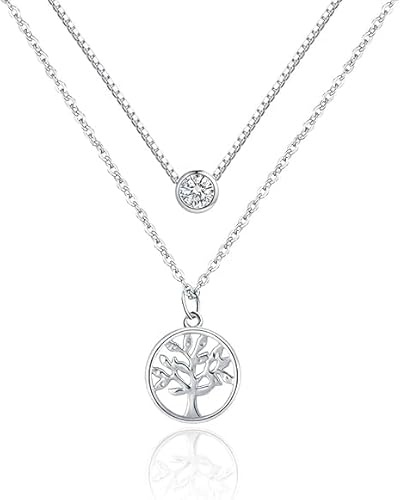 E Jewelry Damen Lebensbaum Halskette 925 Sterling Silber Baum des Lebens Damen Kette Doppel 16 Halskette mit Runden Anhänger 40CM