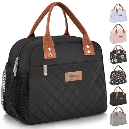 HOMESPON Sac à déjeuner isotherme pour femmes, adultes, travail, sac isotherme, boîte à déjeuner, sac fourre-tout pour l'école, le pique-nique ou les voyages (poches latérales noires)