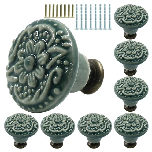 Murtenze 8PCS Green Ceramic Knobs Vintage Handles, Decorative Kitchen Cabinet Knobs Pulls, Retro Ceramic Dresser Knobs for Furniture, Closet, Cupboard, Door Knobs