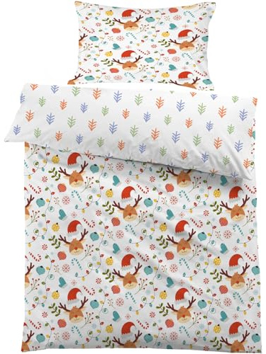 Linfye Kinderbettwäsche 100x135 cm Baby Bettwäsche Set Niedliche Weihnachtsmannmütze Weich Bettbezug 2 Teilig mit Reißverschluss - Cartoon Elch Kinder Bettbezüge 100 x 135 cm + 1 Kissenbezug 40x60 cm