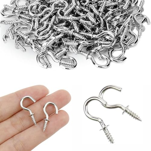 BRDTKUGV 100 Pcs 1/2 Inch Mini Ceiling Screw Hooks, Heavy-Duty Metal, Silver Finish, Ideal for Kitchen, Bedroom, Garage, Outdoor, Decoration, Plant, Cup, Mug, Utensils