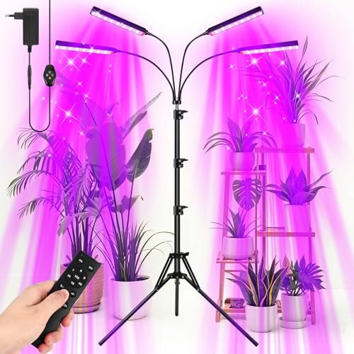 Lampada per Piante, Lampada Crescente Spettro Completo con Treppiede 128 LED Lampada Piante Coltivazione Spettro Completo 4 Heads Timer 3/9/12H Automatico, 3 modalità 10 Regolazioni di Luminosità