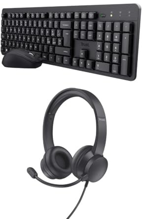 Trust Ymo II Tastiera e Mouse Wireless Silenziosi Italiano QWERTY + USB Cuffie con Microfono Leggere On-Ear, Kit Senza Fili e Auricolari con Filo 1,80 m per PC Portatile Computer Laptop Mac Ufficio