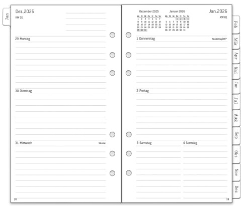 2026 Wochenplaner Einlage Personal A6, Deutsch, 6 Löcher, 1 Woche 2 Seiten mit Tabs, Passwort, Notizen, Kontakt, Januar.26 bis Dezember.26, 100 GSM Nachfüllung für Kalender 2026 Planer, 95x171mm