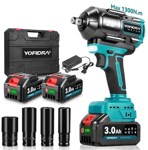 Yofidra Avvitatore a Impulsi a Batteria 1300Nm, 1/2 Chiave a Percussione con 2 Batterie da 3000mAh, 3 Velocità, Luce LED, Include 4 Bussole, Avvitatore Elettrico a Impulsi per Auto, Camion e Officine