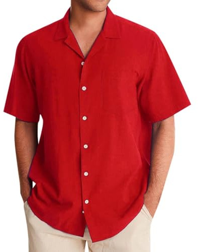Camisas Hombre Talla Grande 2025 Camisa de Lino Hawaii Channeling Hugh Solapa Camisa Casual Deportes Playa Camisa de Manga Corta Camisa Crema Hombre Corto, rojo, 5XL