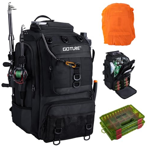 Goture Angelrucksack mit 2 Köderbox Angeln & Kühltasche, 40-Liter Angelzubehör-Rucksack mit Zwei Rutenhaltern, 900D Oxford-Gewebe Wasserabweisende Angelgerätetasche mit verstellbarem Fach