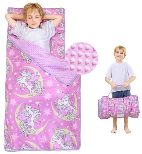 Viviland Kleinkind-Schlafmatte, gerollte Schlafmatten mit Kissen und Minky-Punkt-Decke für Mädchen, Kinder-Schlafsack, Schlafmatte für Vorschule, Kita, Kindergarten, Reisen, Camping – Einhorn-Magie