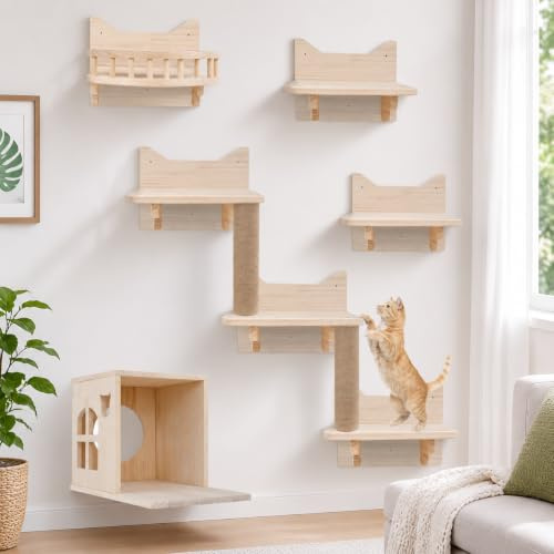Kletterwand Katzen, Katzen Wandelemente aus Holz, Stabiles Katzenwandmöbel, Kletterwand Set mit Katzentreppe, Katzenhaus und Plattform, Wandmontage