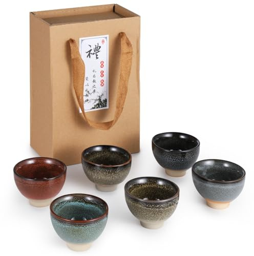 YOFAPA 6 PCS Chinese Ceramic Kung Fu Tea Set, Patterns Japanese Tea Cups, Sake Cups, Ceramic Tea Cup, Ceramic Tea Set for Gifts (Deep Color)