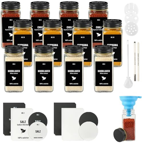 JAECU 12pcs Gewürzgläser Eckig mit Aluminiumdeckel, 120ml Glasbehälter mit Streueinsatz, Luftdichte Gewürzdosen inkl. Trichter, Permanentmarker, Bürste & Etiketten (Schwarz)