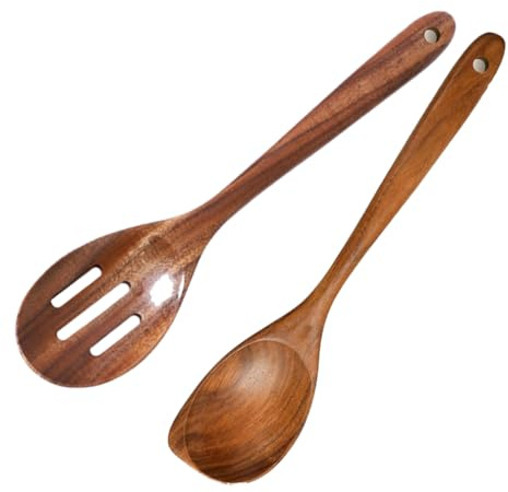 2Pcs Wooden Spoons for Cooking, Natural Teak Wood Corner Spoon and Slotted Spoon, Nonstick Smooth Wooden Cooking Spoon Set, Heat Resistant Wooden Utensils, for Cookie Non Stick Kitchen Utensil