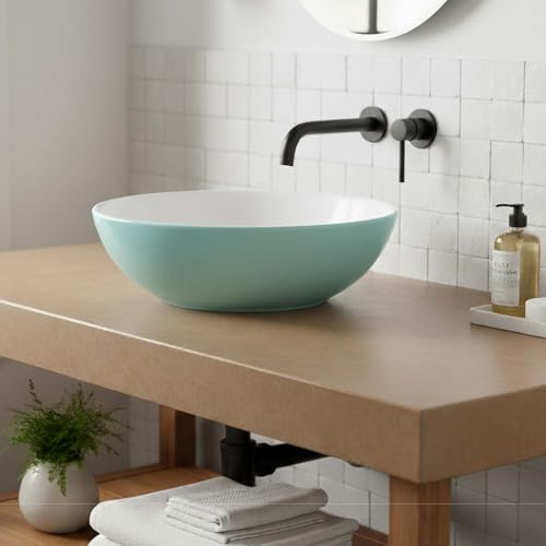 Fine Fixtures Bathroom Sink - 16 Inch Round Ceramic Vessel Sink, Modern Textured Interior Bowl Design, Perfect Sink for Bathroom Vanity, Mist Blue Wash Basin