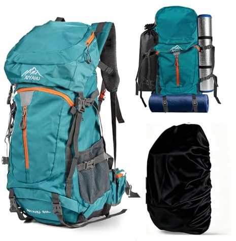Generisch Wanderrucksack 60L Herren Damen Wasserdicht mit Regenhülle - Leichter Trekkingrucksack mit Tragesystem, Trinksystem-Anschluss Schuhfach für Camping, Bergsteigen Mehrtagestouren (Blau, 60L)