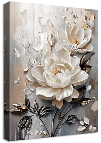 3D Blumen in Weiß Leinwand Bilder Mit Rahmen Beige Graue Rosenblüten Wandbilder Wandkunst Kunstdruck Blühende Blumen Bild auf Leinwand Malerei Wohnzimmer Schlafzimmer Badezimmer Wanddekor 30x40cm