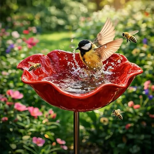 KLINNA Bienentränke Metall Blume, Vogeltränke Gartenstecker 60cm Wetterfest, Insektentränke Draußen Handgemacht, Vogelfutterstation Bienenbad Schale, Dekofigur Rostschutz Rasen Gartendeko