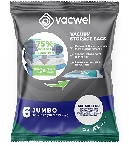 Vacwel Vacuum Storage Bags for Clothes, Quilts, Pillows, Space Saver Size - Extra Strong Vacuum Seal Bags - 6x Pack Jumbo (43x30in)
