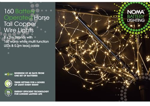 Noma 160 Copper Wire Horses Tail Parasol Lights String with Warm White LED's, Battery Operated