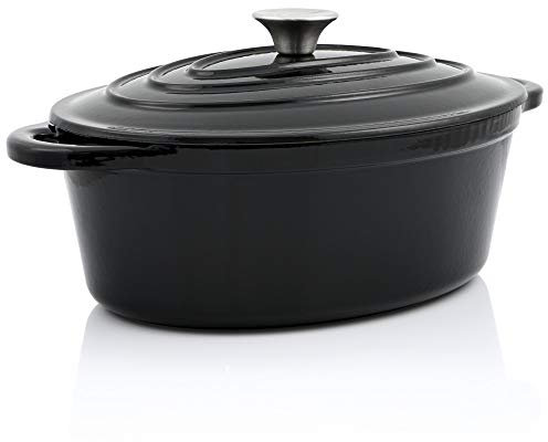 BBQ-Toro Cocotte Ovalada de Hierro Fundido Esmaltado | 4,3 Litros | Color Negro | Olla con Tapa y Asas | Camping | Termorresistente