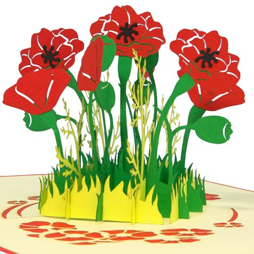 LINPOPUP®, LIN17612, Pop Up Karte Blume, POP UP Karten Geburtstag, Pop Up Geburtstagskarte, Grußkarten Blumen, Klappkarte Geburtstagskarte, Muttertagskarte, Danke, Gute Besserung, Mohn, N355
