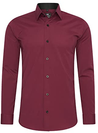 Rusty Neal Camisa para hombre Premium Slim Fit de manga larga elástica gris con cuello Kent para negocios y ocio Talla M, burdeos, S