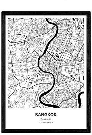 Nacnic Poster Mappa di Bangkok - Thailandia. Città asiatiche Fogli con Mari e fiumi, in Colore Nero. Formato A3