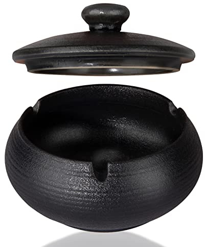 Aschenbecher Keramik Aschenbecher mit Deckel Winddicht Zigaretten Aschenbecher für Innen und Außen Handgemachte Keramik Aschenbecher für Home Office Innen Dekoration Aschenbecher für Raucher (Schwarz)