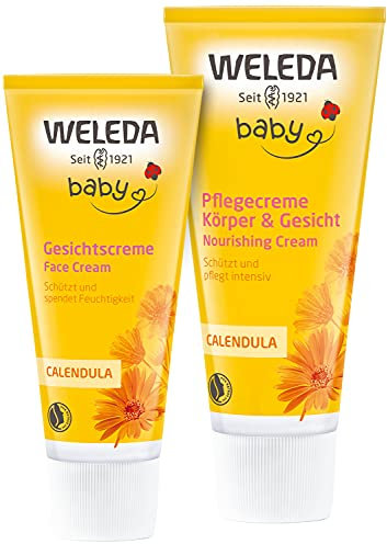 WELEDA Baby Pflege Naturkosmetik Set - Pflegecreme Körper zur Pflege und Beruhigung trockener Haut + Gesichtscreme zur Pflege von trockener und empfindlicher Haut im Gesicht