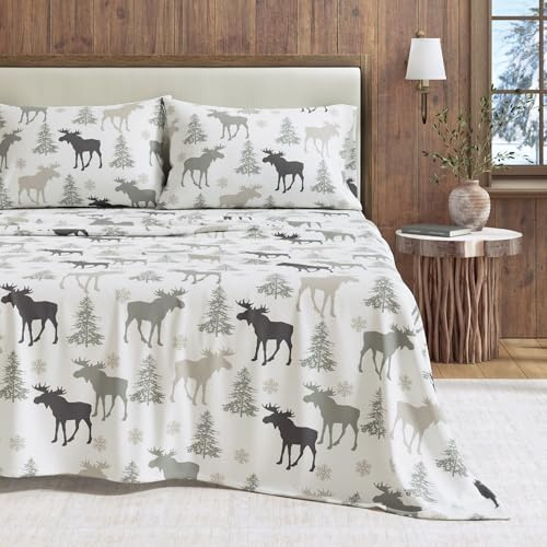 Great Bay Home 100% Turkish Cotton King Lodge Holiday Flannel Sheet Set | Deep Pocket, Soft Sheets | Warm, Double Brushed Bed Sheets | Anti-Pill Flannel Sheets (King, Moose)