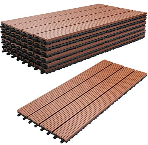Ikodm WPC Terrassenfliese 30x60cm, Klickfliese, Balkonfliese, braun, wasserfest, korrosionsbeständig, einfach zu verlegen (18 er Pack -3m²)