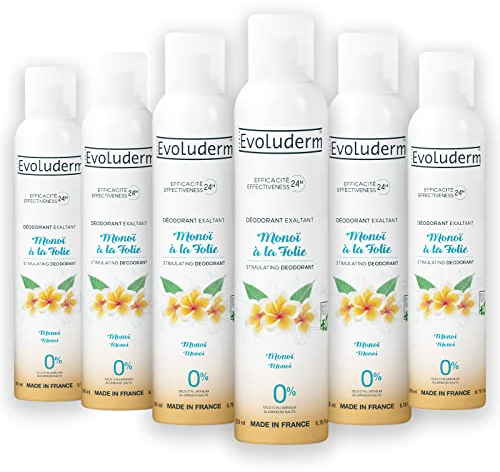 EVOLUDERM - Déodorant Exaltant Monoï à la Folie - 200 ml - 0% de Sels d'Aluminium - Végan - Fabrication Française - Lot de 6 x 200 ml