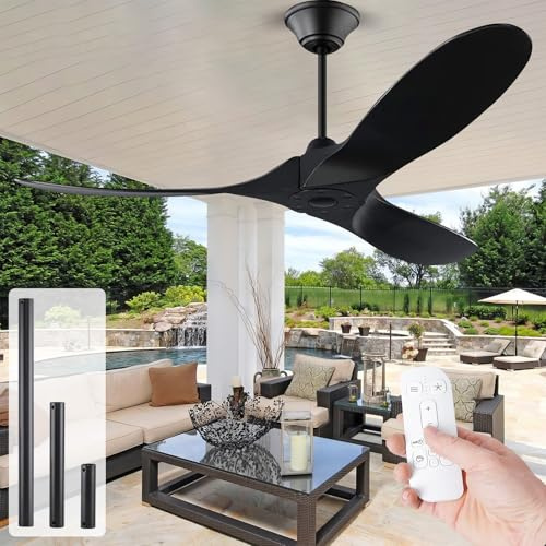 MSHENUED 132cm Schwarzer Deckenventilator ohne Licht, 52-Zoll-Deckenventilator für den Außenbereich ohne Licht, 3-Blatt-Deckenventilator mit Fernbedienung, umschaltbarer 6-Gang-Gleichstrommotor