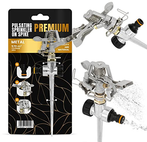 Irrigatore da giardino per auto, irrigatore a impulsi in metallo, per irrigazione, rotazione su picco, semplice collegamento rapido, irrigatore a 360 gradi