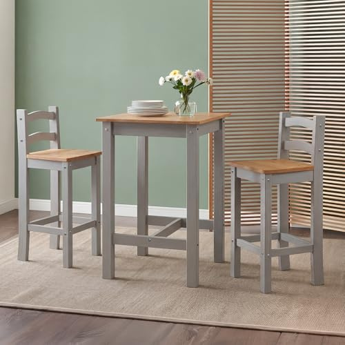 Corona Grey Painted Wax Bistro Table & 2 Barstools Solid Wood Pine Wooden Kitchen Dining Room Breakfast Home Bar Tall Small Slim Mexican 100cm High 60cm Wide 60cm Deep = Table Measurements