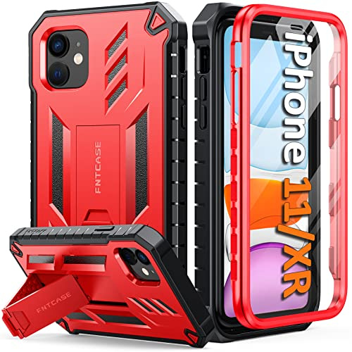 FNTCASE Schutzhülle für iPhone 11: Schutzhülle für iPhone XR mit Ständer, stoßfest, militärische Qualität, zweilagig, vollständiger Schutz, robust, matt, strukturiert, sturzsicher, 15,5 cm, Rot