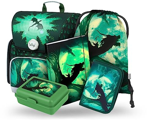 Baagl Schulranzen Set Jungen 5 Teilig Ergo Grundschule Ranzen - Drache | Ergonomische Schultasche ab 1. Klasse mit Brustgurt.