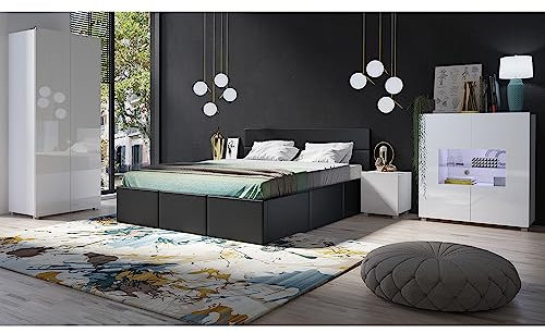 Lomadox Schlafzimmer Set 5-teilig mit Bett 160x200cm, 2 Nachttische, Kleiderschrank 2-TRG., Highboard in weiß Hochglanz mit Kunstleder in Graphit Modern