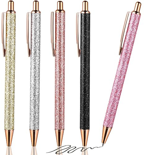 Bremorou Kulspetspenna 5 glitter, metall infällbar vacker klick-kulspetspenna för kvinnor skola kontor behov gåva 1 mm svart bläck