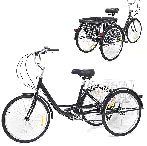 SanBouSi 24 Zoll 3 Räder 8 Gang Dreirad für Erwachsene, Adult Tricycle Erwachsene Senioren Fahrrad Mit Einkaufskorb, Schwarz