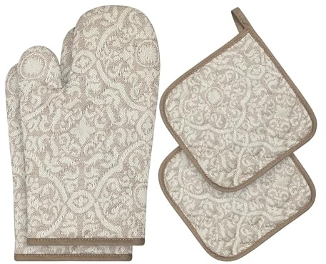 Weave Essentials Oven Gloves & Pot Holders Set 4pc | 100% Cotton Heat Resistant Oven Mitts with Hanging Loop | Non-Slip Kitchen Gloves for Cooking Baking BBQ | Beige