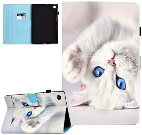 CASAFUNY Hülle für Samsung Galaxy Tab A9+/ Tab A9 Plus 11 Zoll 2023 (SM-X210 SM-X215 SM-X216), PU Leder Tablette Schützhülle mit Stifthalter Ständer Cover Case für Galaxy Tab A9+ 2023, Weiße Katze