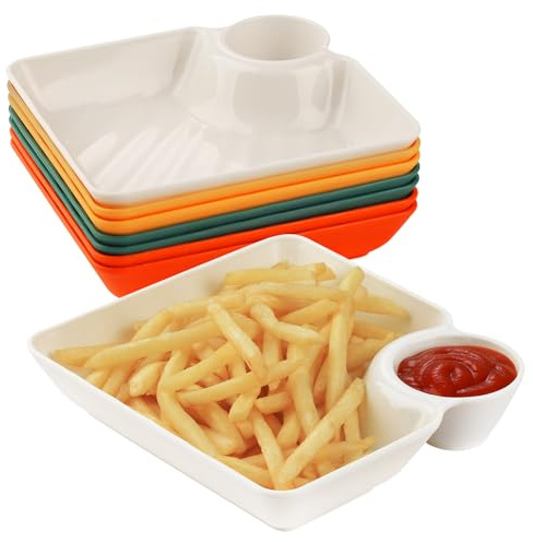 RAMFIYN 8 Reusable Chips and Sauce Serving Plates for Chips and Sauces, Serving Platters for Entertaining Plastic Dishes with Sauce Compartment