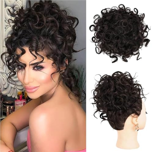 Flyroseing Medium Brown Messy Bun Hair Piece,Short Curly Elastic Drawstring Hair Bun Extensions,Synthetic Fake Hair Curly Bun Hair Piece Clip for Women